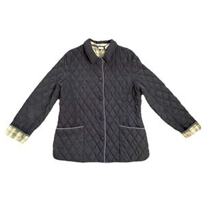 LL Bean Vintage Quilted Riding Jacket Plaid Lined Black Women's Large Buttons